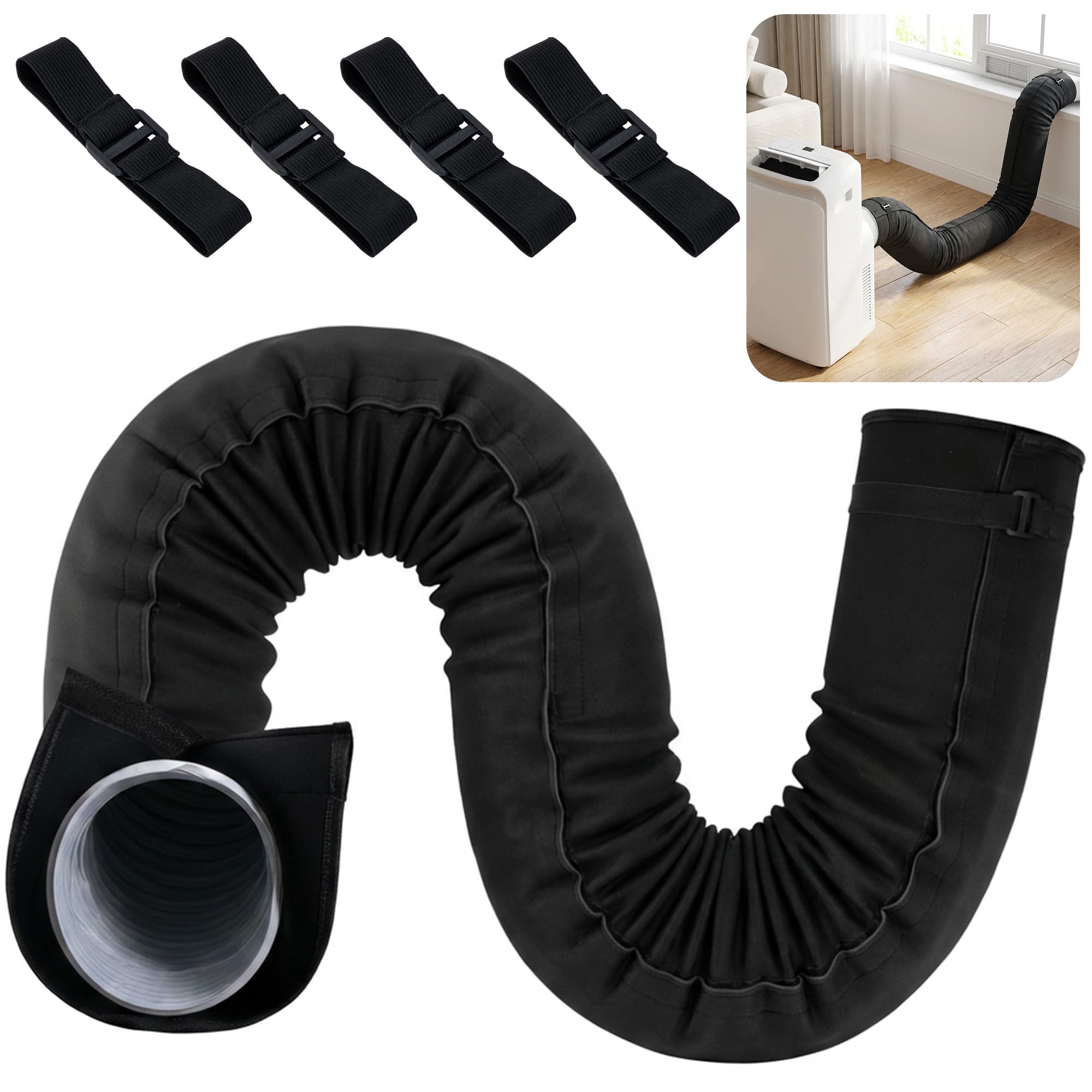 Tlswshsy 80 Inch Portable AC Hose Insulation Sleeve, Air Conditioner Exhaust Hose Cover with 4 Straps, Heat Shield Wrap for 5" & 5.9" Diameter Vent Hose Easy Installation (Black)