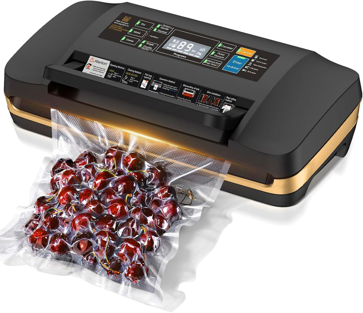 Vacuum Sealer Machine, Updated Powerful 95KPa Commercial Food Saver with Double Seal for 2X Strength, Built-in Cutter, Bags Storage & Easy-Lock Handle, Includes Free Bags (1 Roll + 10 Pre-cut) Black