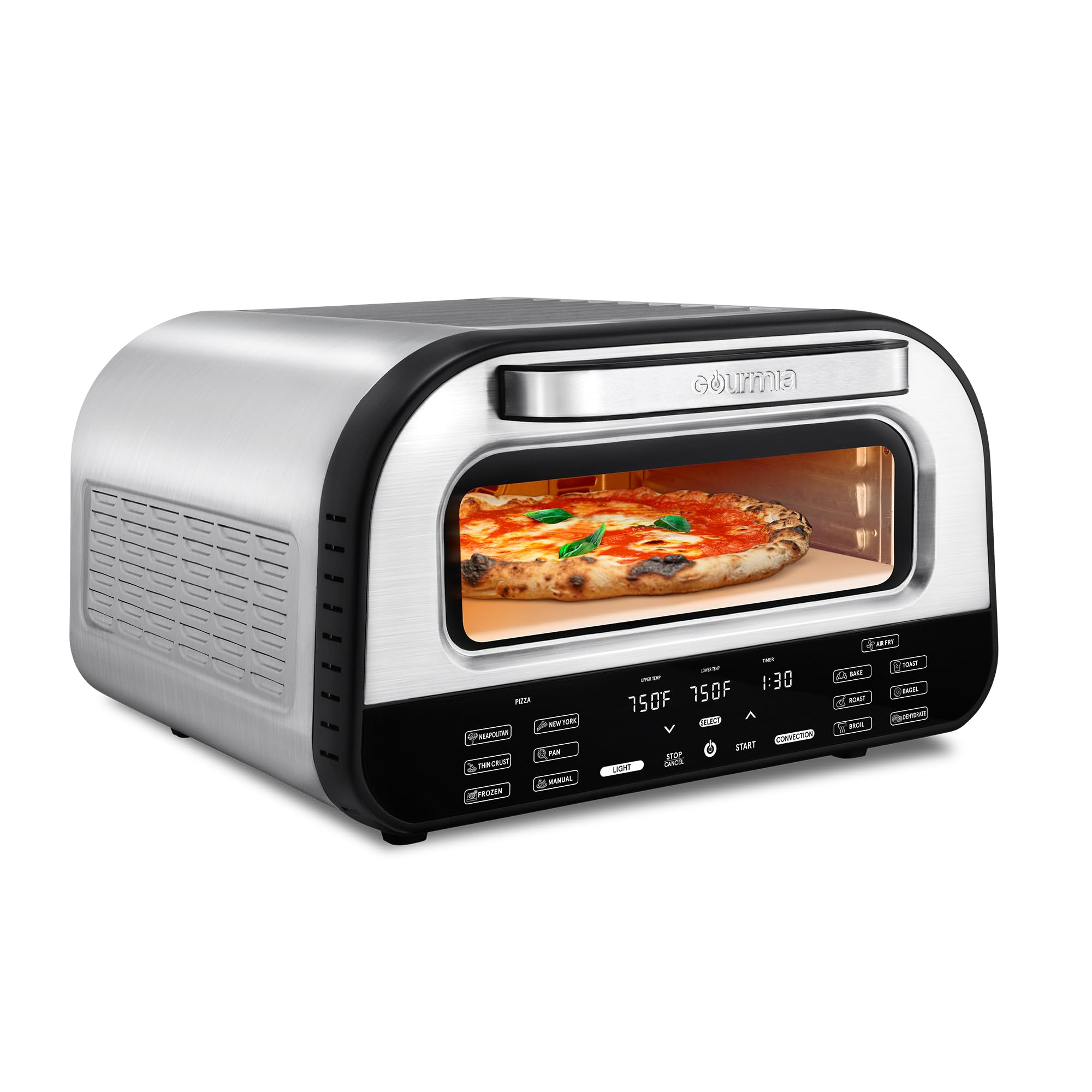 Gourmia Electric Indoor Pizza Oven – Countertop Air Fryer Toaster Oven Combo with 6 Pizza Presets, 7 Cooking Functions, Air Fry, Broil & Bake, Includes Cordierite Pizza Stone, Stainless Steel
