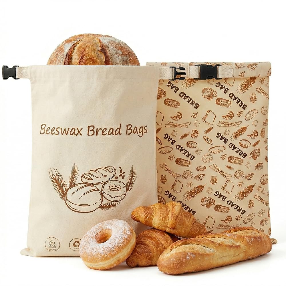 Reusable Beeswax Bread Bags for Homemade Bread,2-Pack (17"x13") Extra Large Sourdough Storage,Heavy-Duty Cotton Artisan Loaf Keeper to Preserve Crust and Freshness(Artisan Print & Classic Graphic)