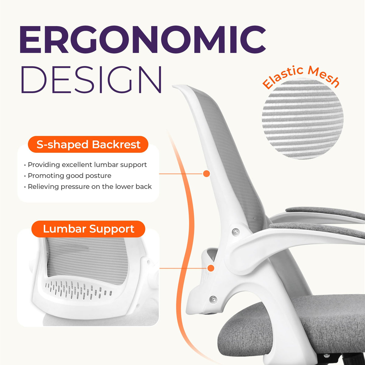 Neo Chair Office Desk Chair, Ergonomic Mesh with Flip-up Armrests, Grey, Mesh Chair