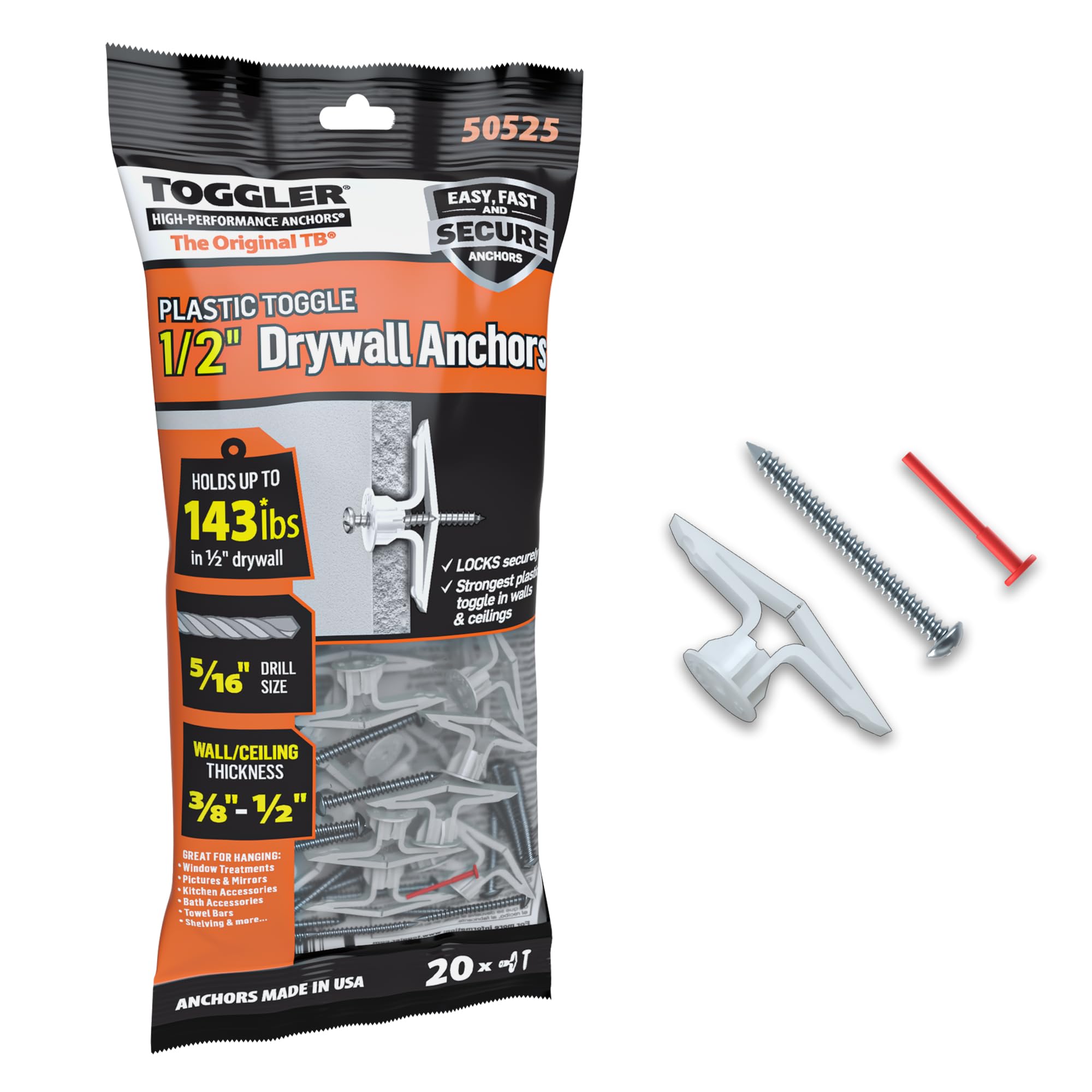 TOGGLER Toggle TB Residential Drywall Anchor with Screws, Polypropylene, Made in US, 3/8" to 1/2" Grip Range, for #6 to #14 Fastener Sizes (Pack of 20)