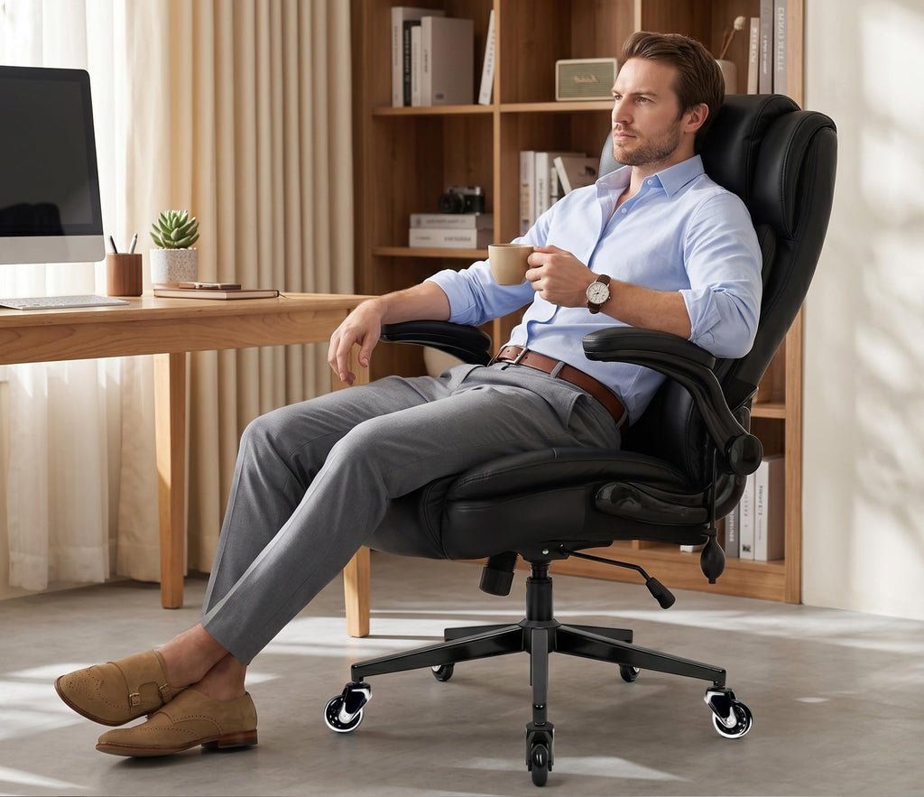 Hamaoka Large High Back Office Chair - Adjustable Lumbar Support, Flip Up Arms, Heavy Duty Metal Base, Breathable Bonded Leather, 2 Storage
