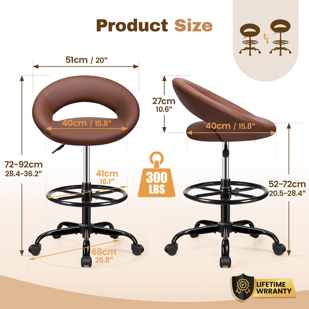 Bestfair Office Drafting Chair, Adjustable Counter Height Rolling Stool, 2 Pack, Brown