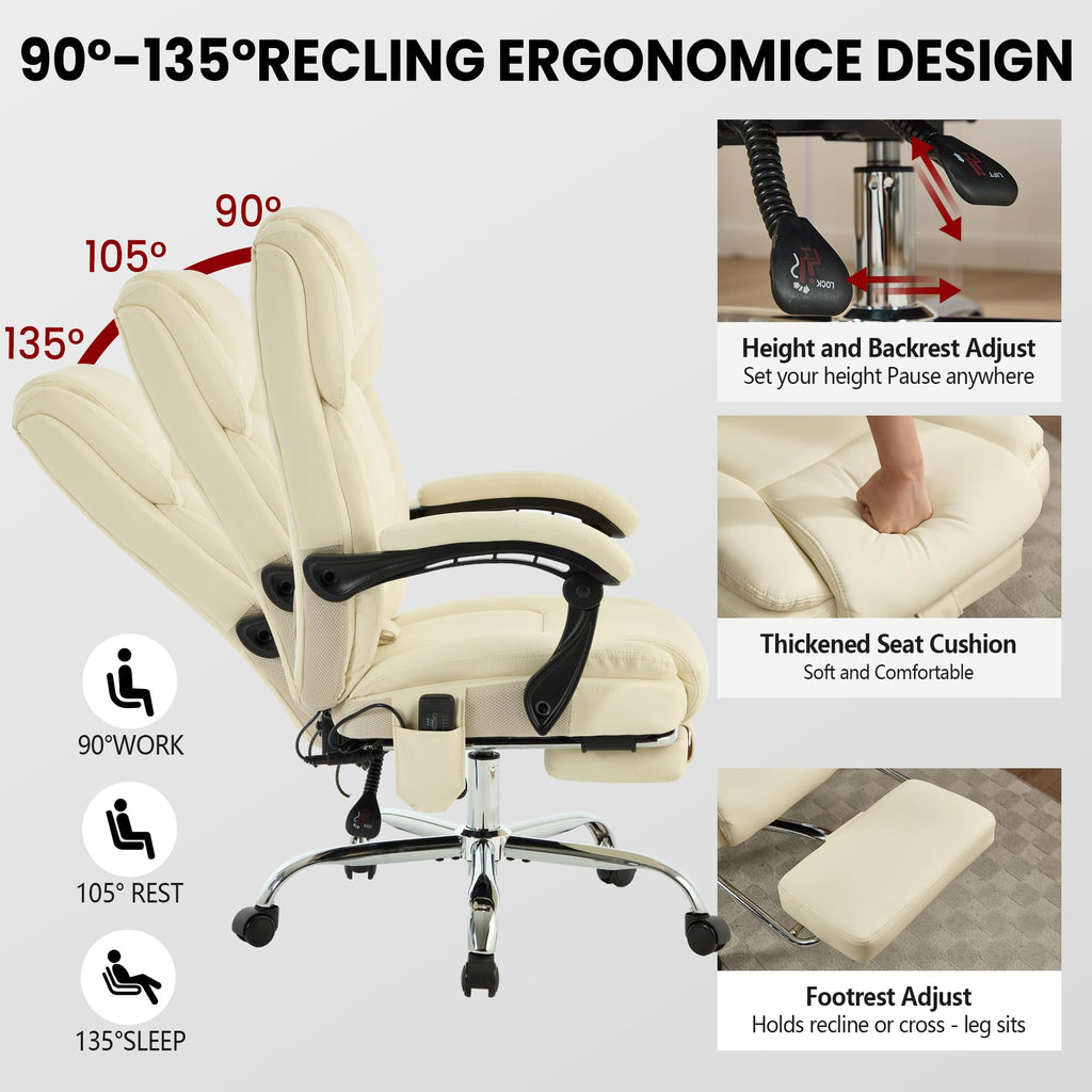 4 Points Massage Office Chair with Footrest 500lbs,reclining Executive Desk Chair with Vibration Heat for Heavy People,lumbar Support Pu