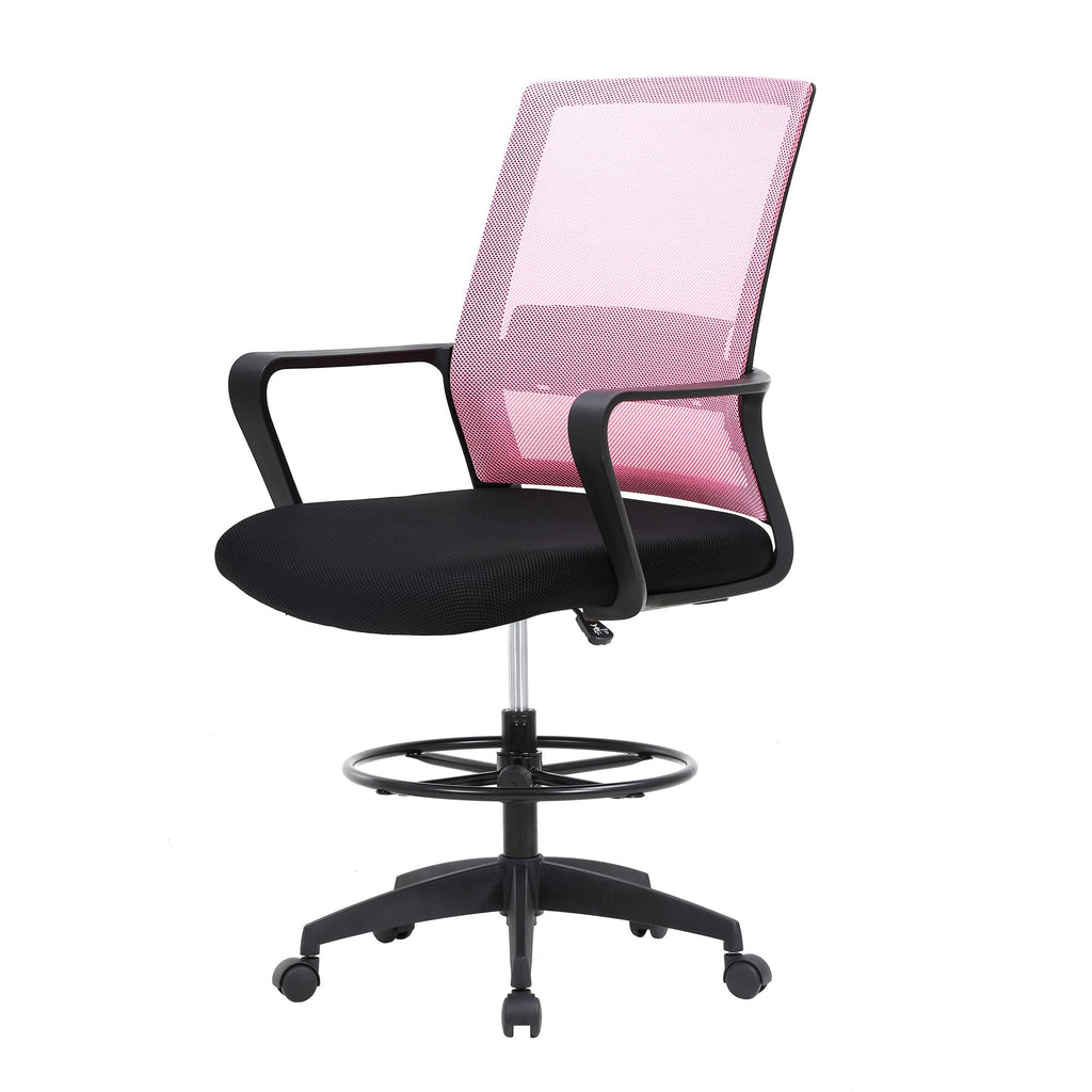 Paylesshere | Drafting Chair | Pink | Tall Office Chair with Adjustable Seat Height & Footrest, Ergonomic Mesh Back, Lumbar Support, 360 Degree