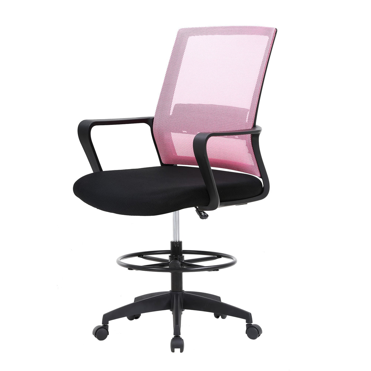 Paylesshere | Drafting Chair | Pink | Tall Office Chair with Adjustable Seat Height & Footrest, Ergonomic Mesh Back, Lumbar Support, 360 Degree