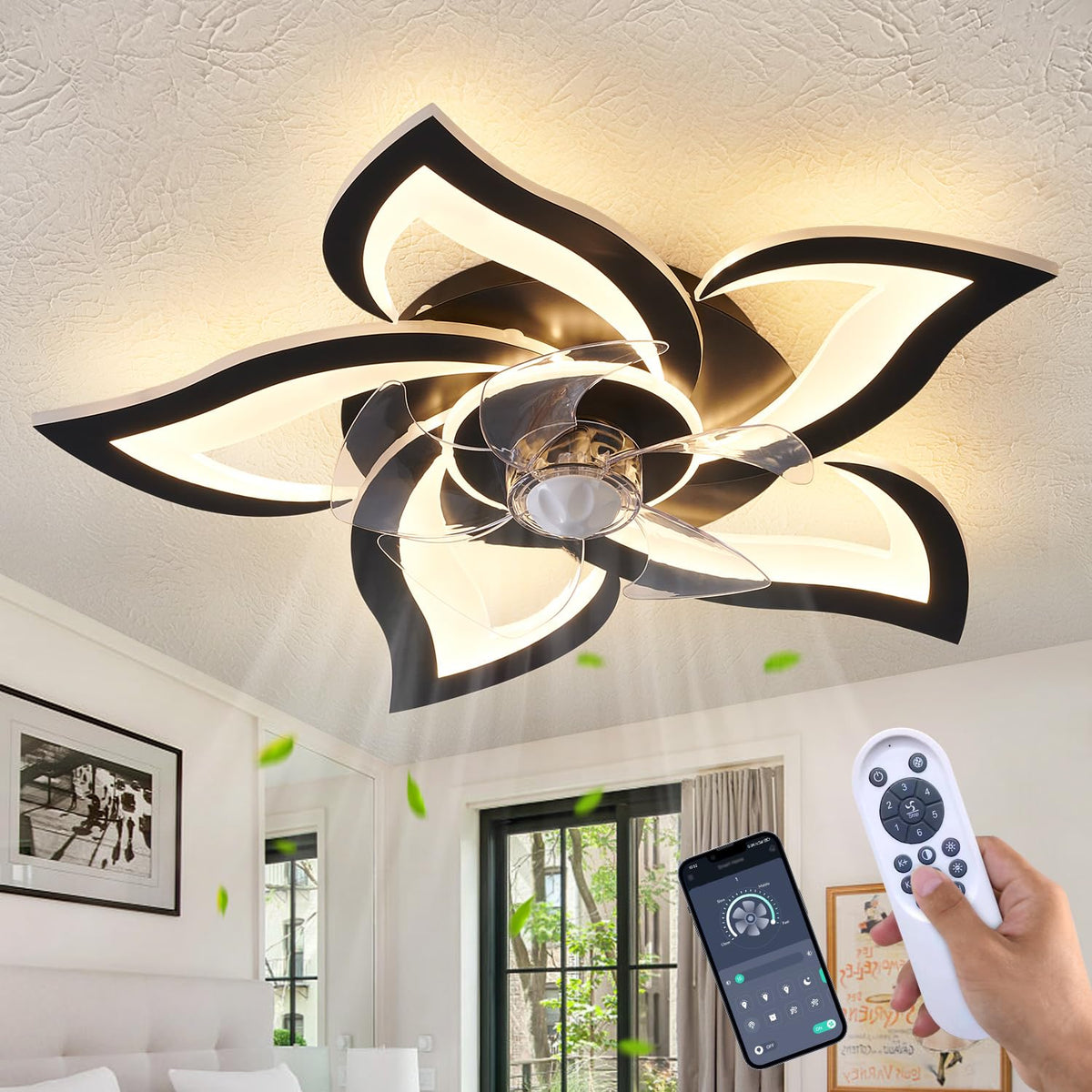 24" Geometric Ceiling Fan with Lights Remote Control, 6 Speeds 3 Colors Black Low Profile Ceiling Fan with Light for Kitchen Bedroom Living Room
