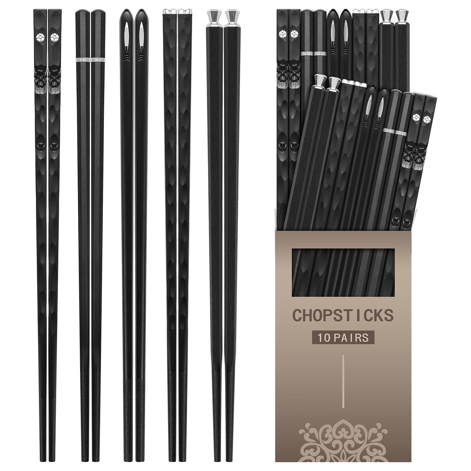 HIWARE 10 Pairs Fiberglass Chopsticks - Reusable Chopsticks Japanese Style Dishwasher Safe, 9 1/2 Inches