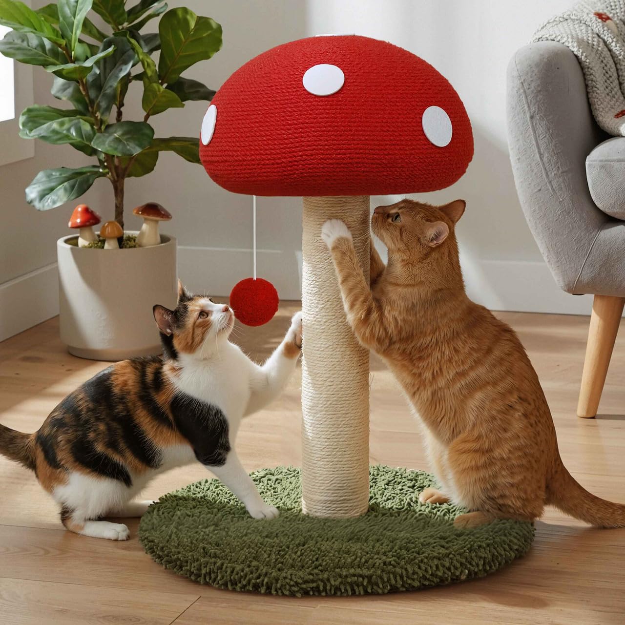 BOWHAUS Mushroom Cat Scratching Post, Mushroom Cat Scratcher with Sisal Rope and Interactive Hanging Ball, 20 Inch Scratching Post for Indoor Cats and Kittens
