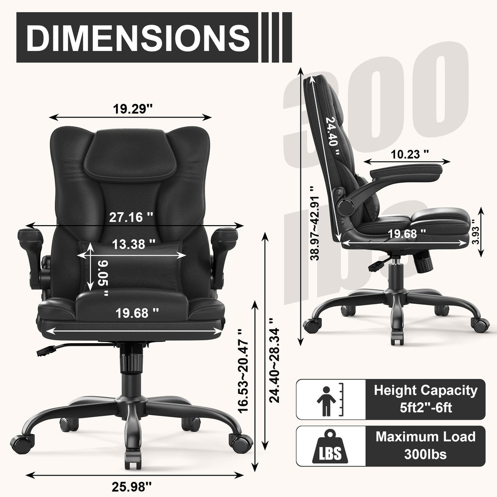 Ergonomic Office Chair with Flip-up Armrests, Mid Back Executive Pu Leather Desk Chair, Height Adjustable with Lumbar Support, Rocking & Swivel
