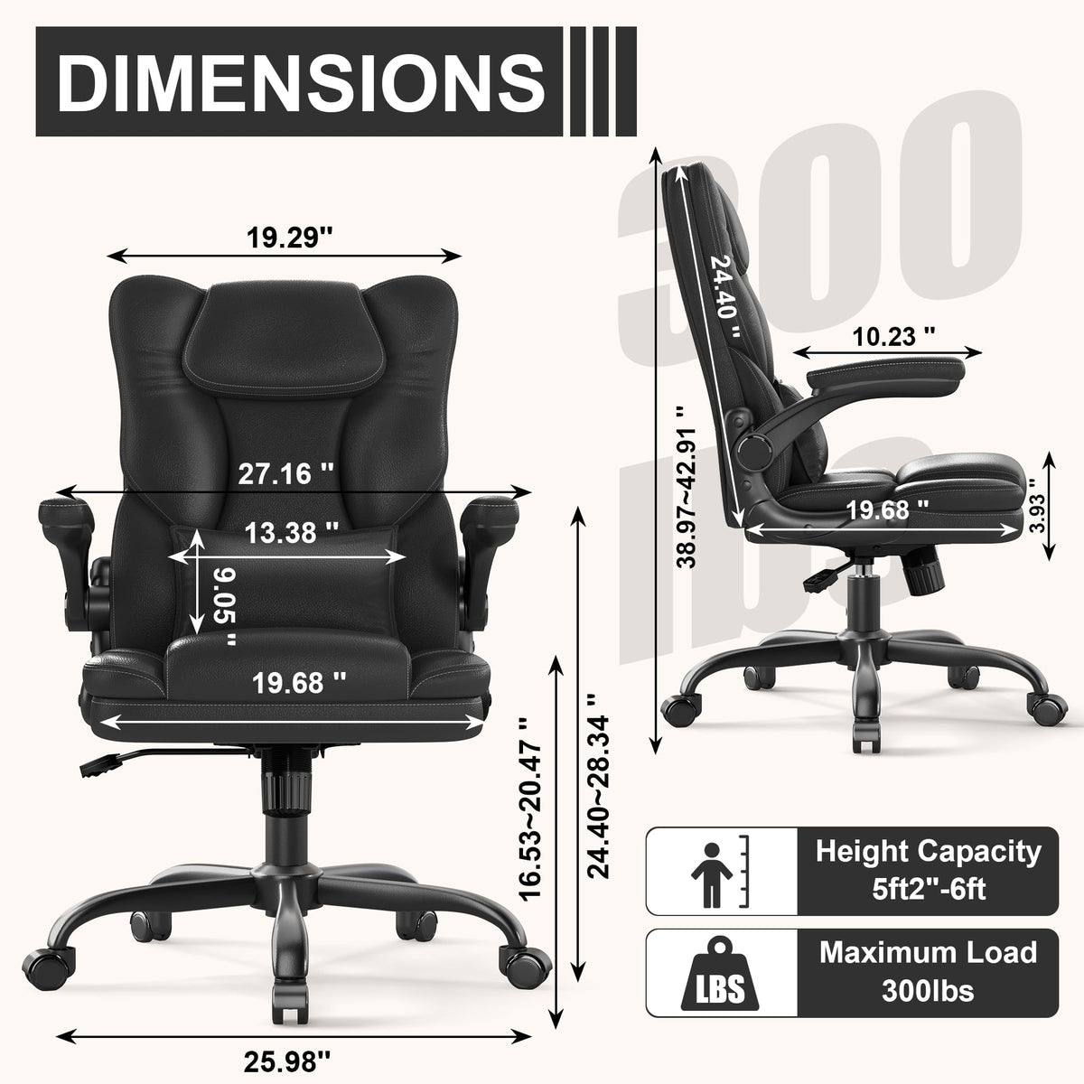 Ergonomic Office Chair with Flip-up Armrests, Mid Back Executive Pu Leather Desk Chair, Height Adjustable with Lumbar Support, Rocking & Swivel