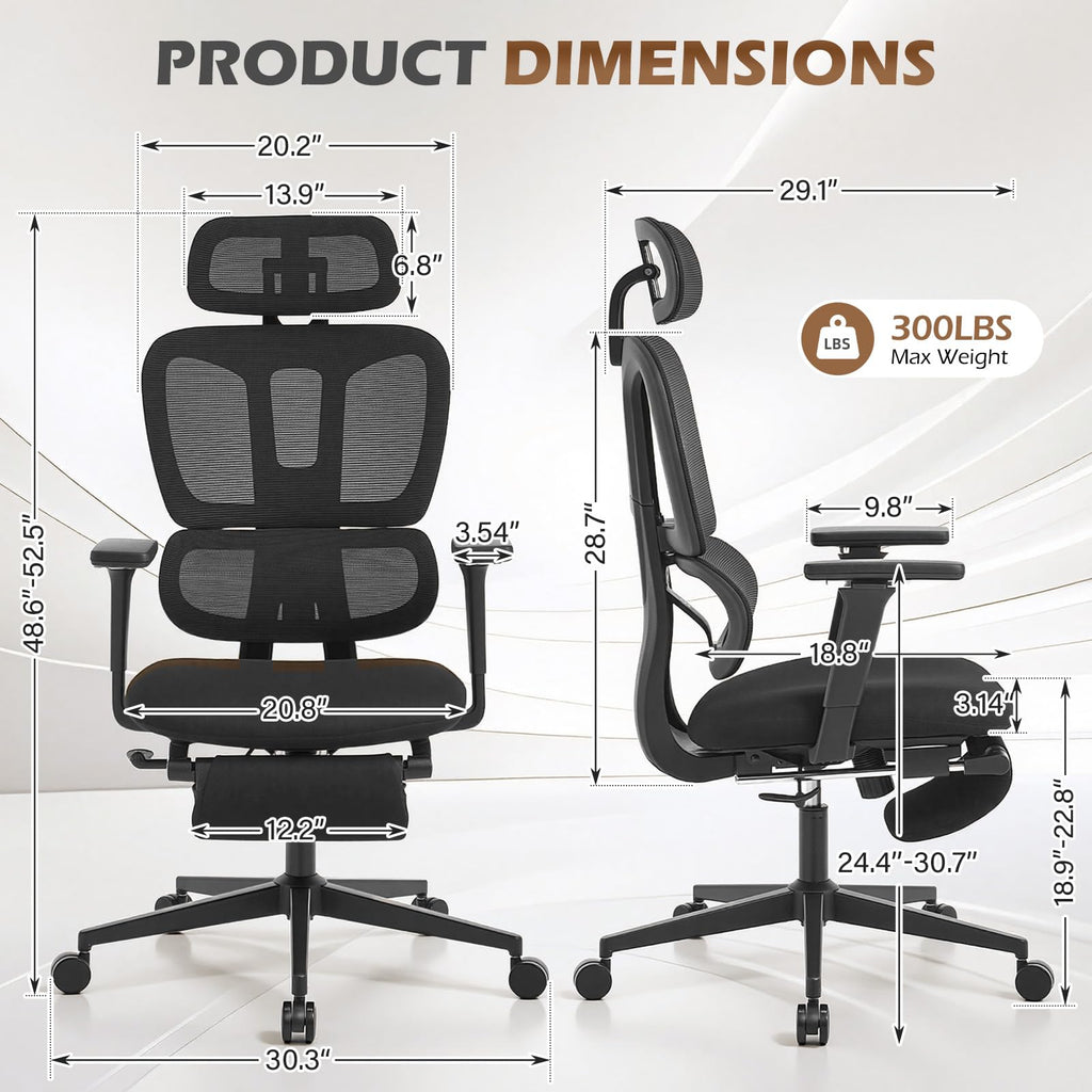 Ergonomic Office Chair with Footrest and Dynamic Lumbar Support, Black, High Back