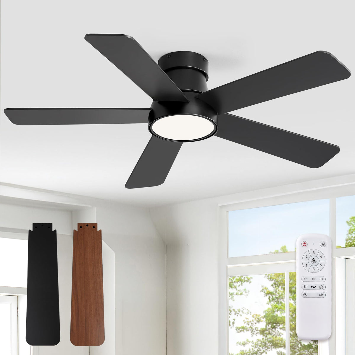 Fanbulous 42 Inch Ceiling Fans with Lights and Remote,Outdoor Indoor Modern Flush Mount Ceiling Fan with 3CCT 6-Speed Quiet DC Motor,Black Small Low Profile Ceiling Fan for Bedroom Living Room Office