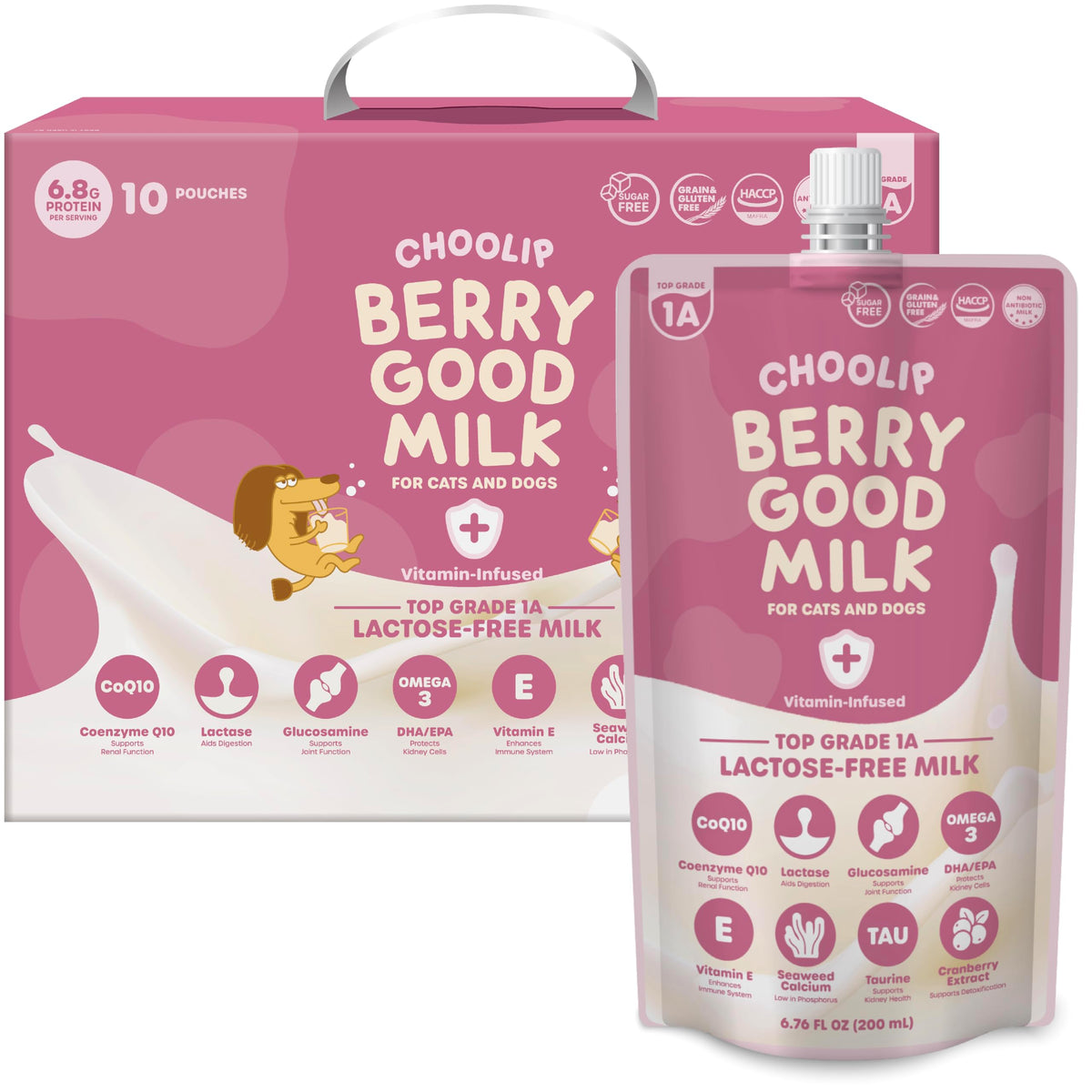 Choolip Berry Good Milk for Cats & Dogs – Lactose-Free Pet Milk Pouches – Vet-Formulated Hydrating Drink with Cranberry, CoQ10, Glucosamine & Omega-3 (200mL x 10 Pouches)