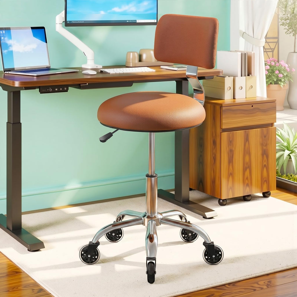 Rolling Stool Chair with Wheels, Office Drafting Chair with Back Support, Height Adjustable Standing Desk Stool with Pu Leather Cushion for