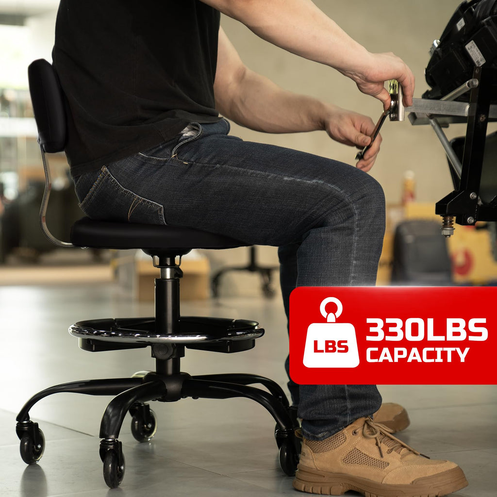 Rolling Shop Stool with Wheels, Garage Mechanic Stool Chair with Backrest, Height Adjustable Heavy Duty Swivel Task Chair, Adjustable Footrest