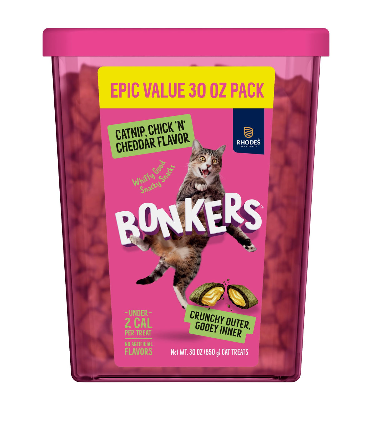 Bonkers Bites Catnip & Chick 'N' Cheddar Flavor Crunchy & Soft Treats for Cats, 30oz Tub