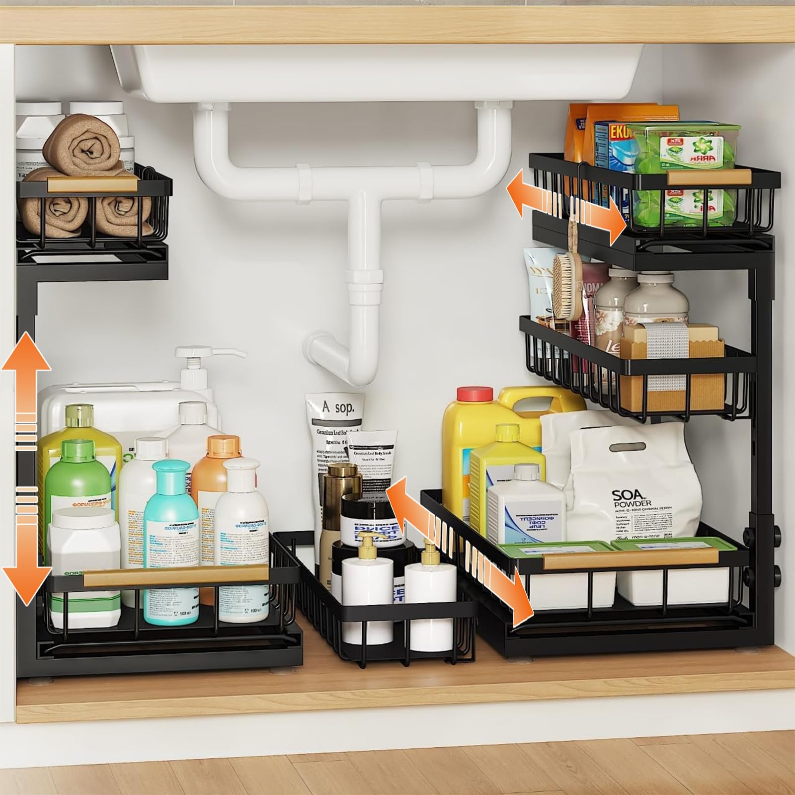 Under Sink Organizer and Storage for Bathroom and Kitchen - 2 Pack 3 Tier Under Cabinet Pull Out Shelf Organizers - Slide Out Drawer Organization for Home Cabinets Shelves and Drawers