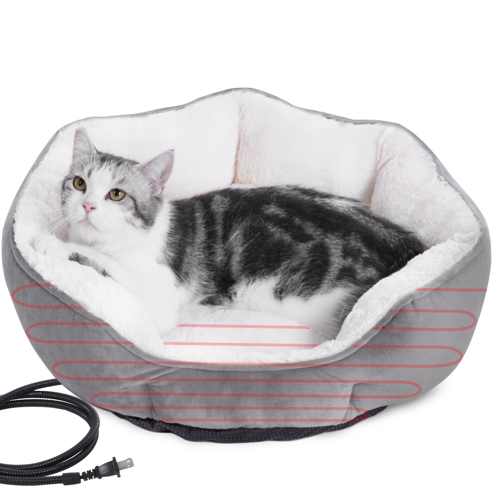 Heated Cat Bed Indoor for Cats & Small Dogs - Winter Warm Plush Round Pets Heating Bed, Ultra-Soft Velvet & Cotton Thermal Heated Dogs Bed for Cold Weather, Overheat Protection for Pets (20x20 Inch)