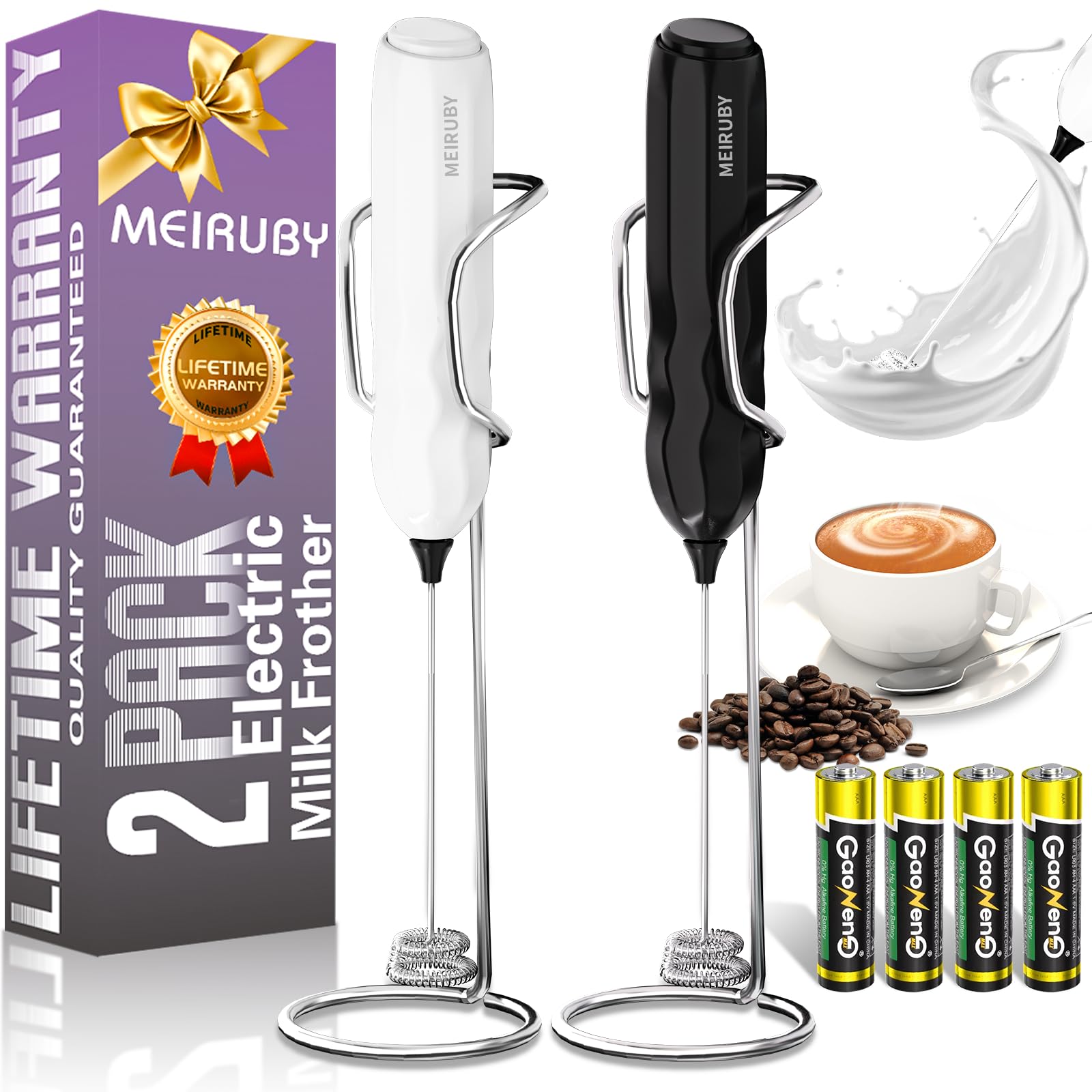 2-Pack Milk Frother Handheld with Stand, Valentines Day Gifts for Him and Her, Powerful Electric Coffee Frother, Coffee Lover Gift for Lattes, Cappuccino, Matcha & Hot Chocolate, Black/White