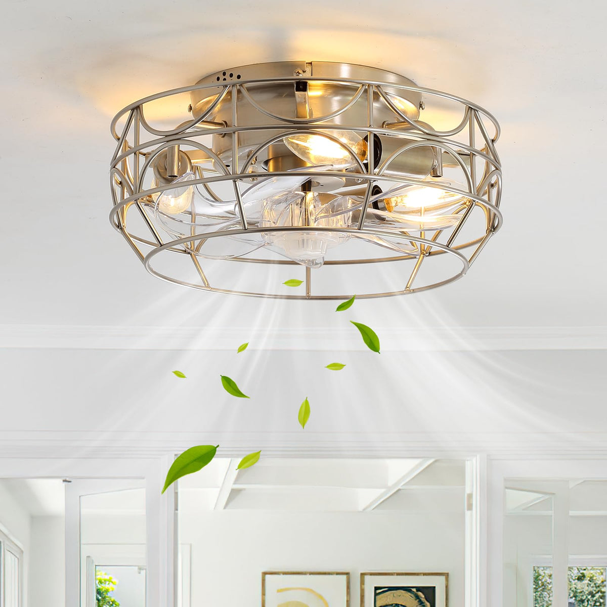Nickel Caged Ceiling Fans with Lights and Remote,6 Speeds,12 inch Industrial Flush Mount Ceiling Fan with Light, Modern Bladeless Fan Lights Ceiling Fixtures for Kitchen, Bedroom,Indoor