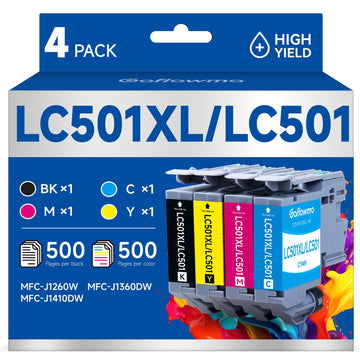 LC501XL LC501 Ink Cartridges for Brother Printer LC 501 XL 501XL Inks Cartridge Compatible for Brother MFC-J1360DW MFC J1360DW MFC-J1410DW MFC-J1260DW Series Printer (4-Pack High Yield, BK/C/M/Y)