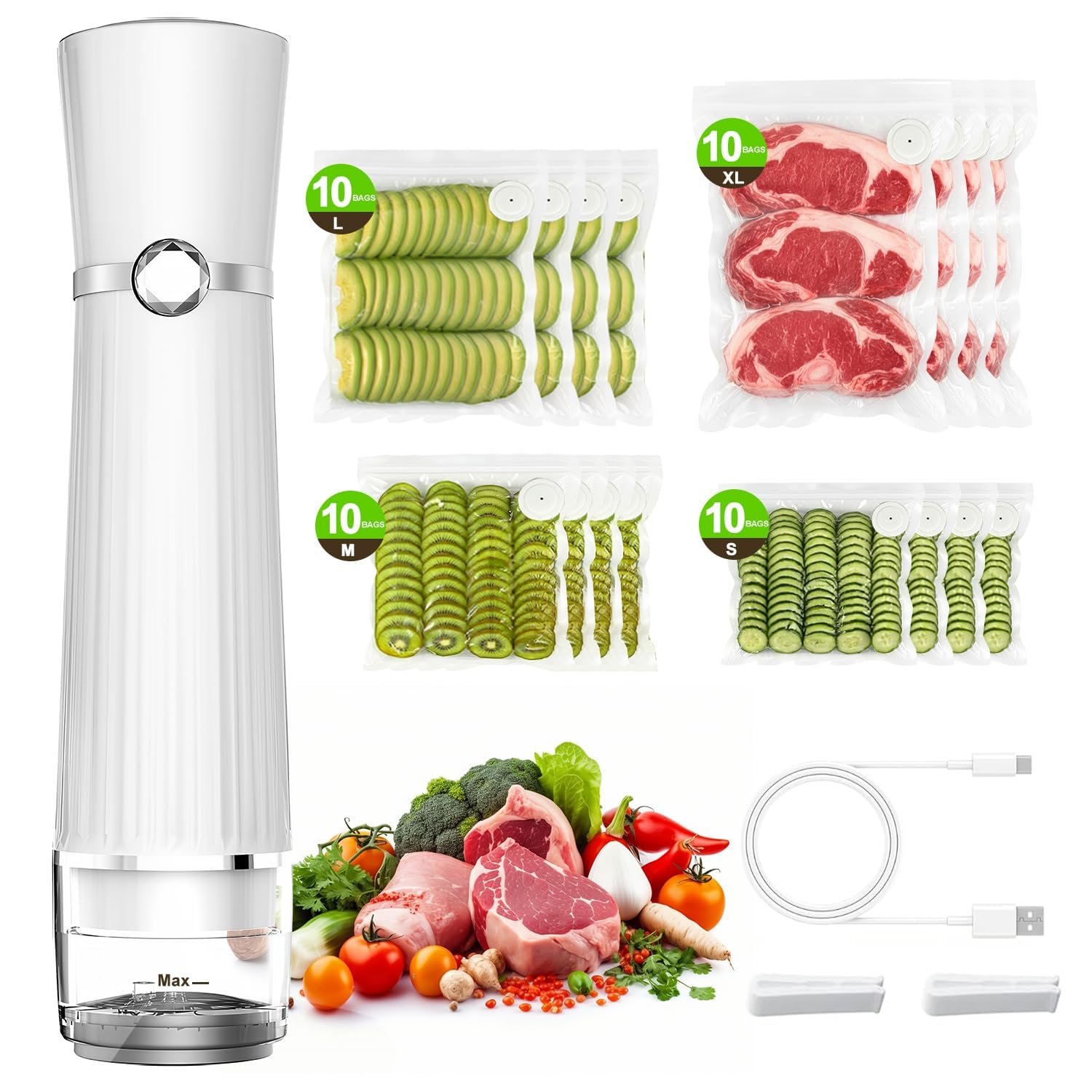 Vacuum Sealer for Food (Compact Vacuum Sealer Machine + 40 Reusable Vacuum Bags), Handheld Vacuum Food saver for 10X Preservation & Fresh, Powerful 80Kpa Portable Vacuum Sealer