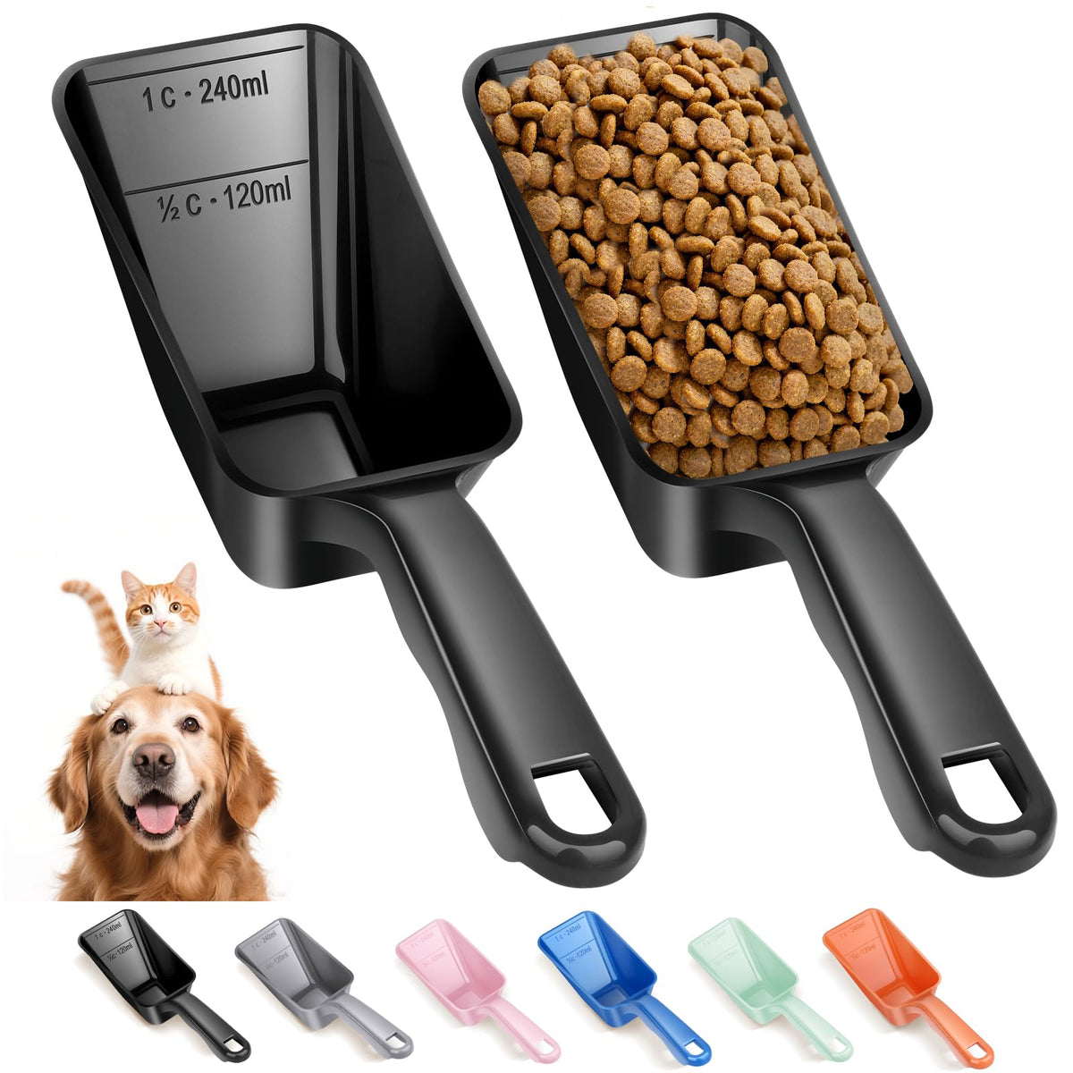 2-Pack Dog Food Scoop 1 Cup, Plastic Pet Food Measuring Scoop With Measuring Lines (1/2 & 1 Cup Markings) for Dogs, Cats, Fish, Bird?Black)
