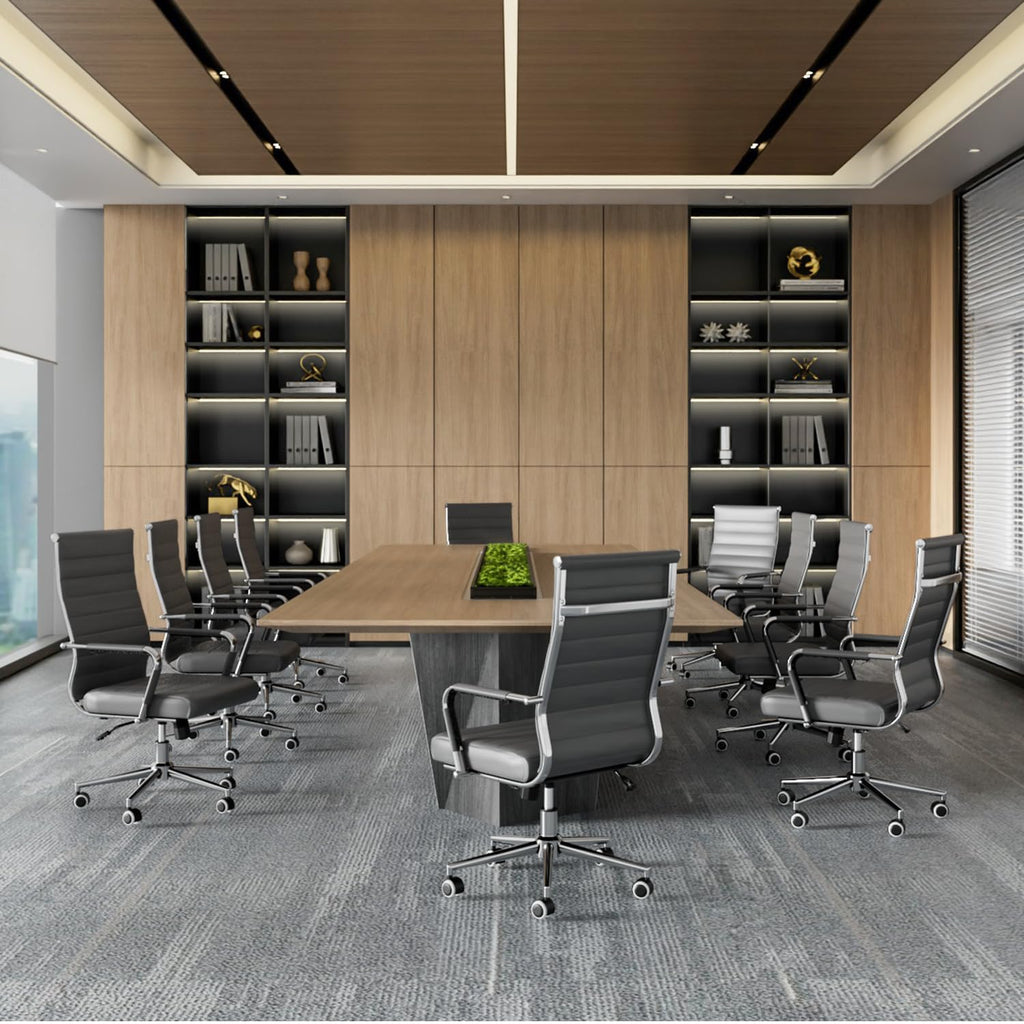 Okeysen Grey Office Desk Chair, Ergonomic Leather Modern Conference Room Chairs, Executive Ribbed Height Adjustable Swivel Rolling Chair for