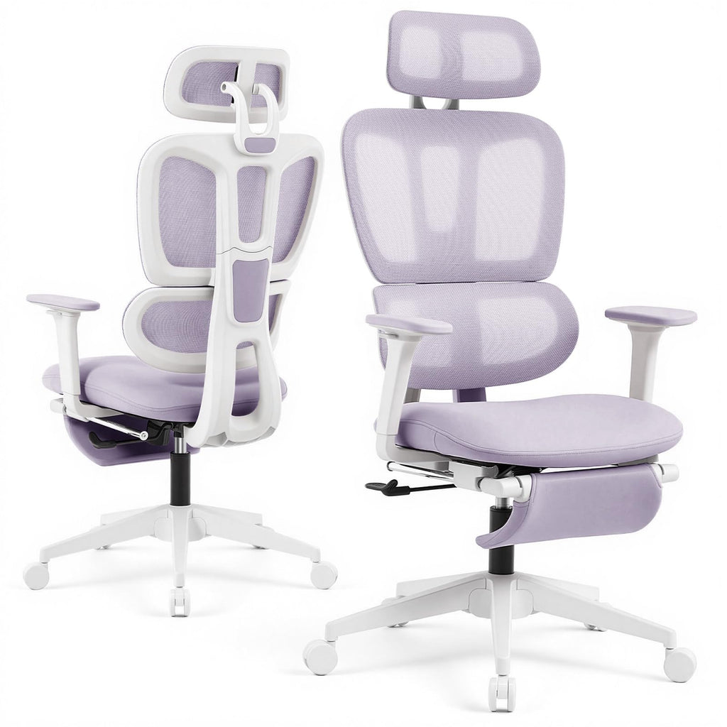 Ergonomic Office Chair with Footrest and Dynamic Lumbar Support, Purple, High Back