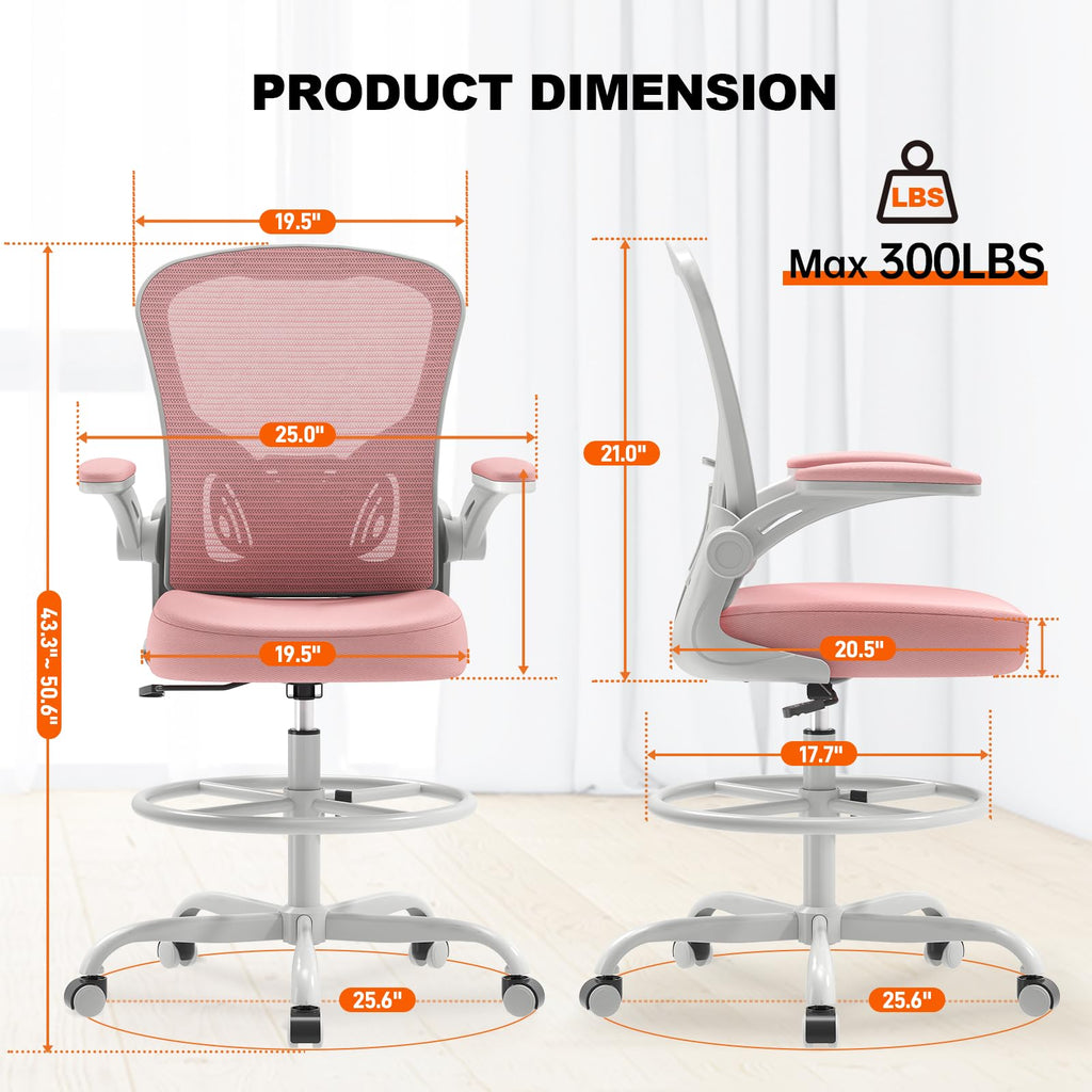 Synorla Ergonomic Tall Drafting Chair-mesh Desk Chair with Flip-up Arms, Gray Pink