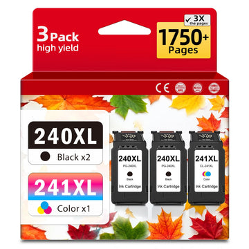 240XL 241XL Combo 3-Pack Ink Cartridges Replacement for Canon 240 241 PG-240 CL-241 PG240 CL241 XL to MG3620 MG3600 MG3520 TS5120 TS5100 MG2120 MG3220 MX472 MX452 MX512 MX532 Printer (2 Black,1 Color)
