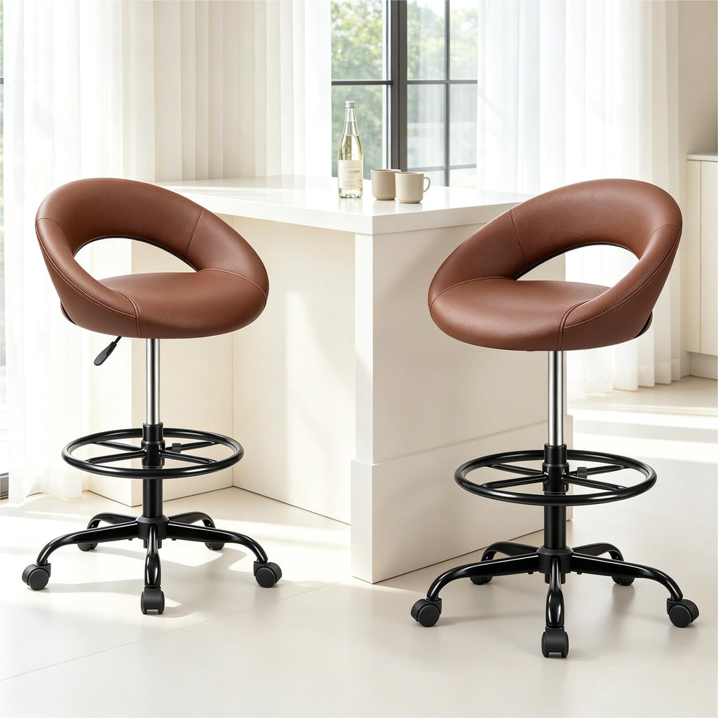 Stella Mia Rolling Bar Stool with Back & Footrest, Office Drafting Chair, 2 Pack, Brown