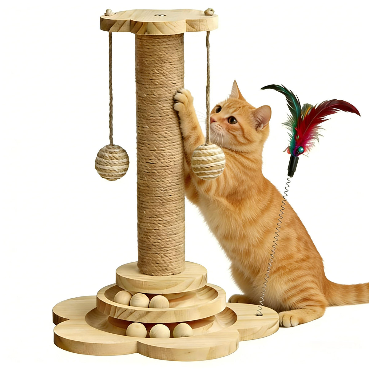 Wooden Cat Scratching Post, 4 in 1 Cat Scratcher Kitten Toys for Indoor Cats, 17.7" Tall Sisal Post with Two-Laye Wooden Ball Track, Ideal for Small Medium Cat