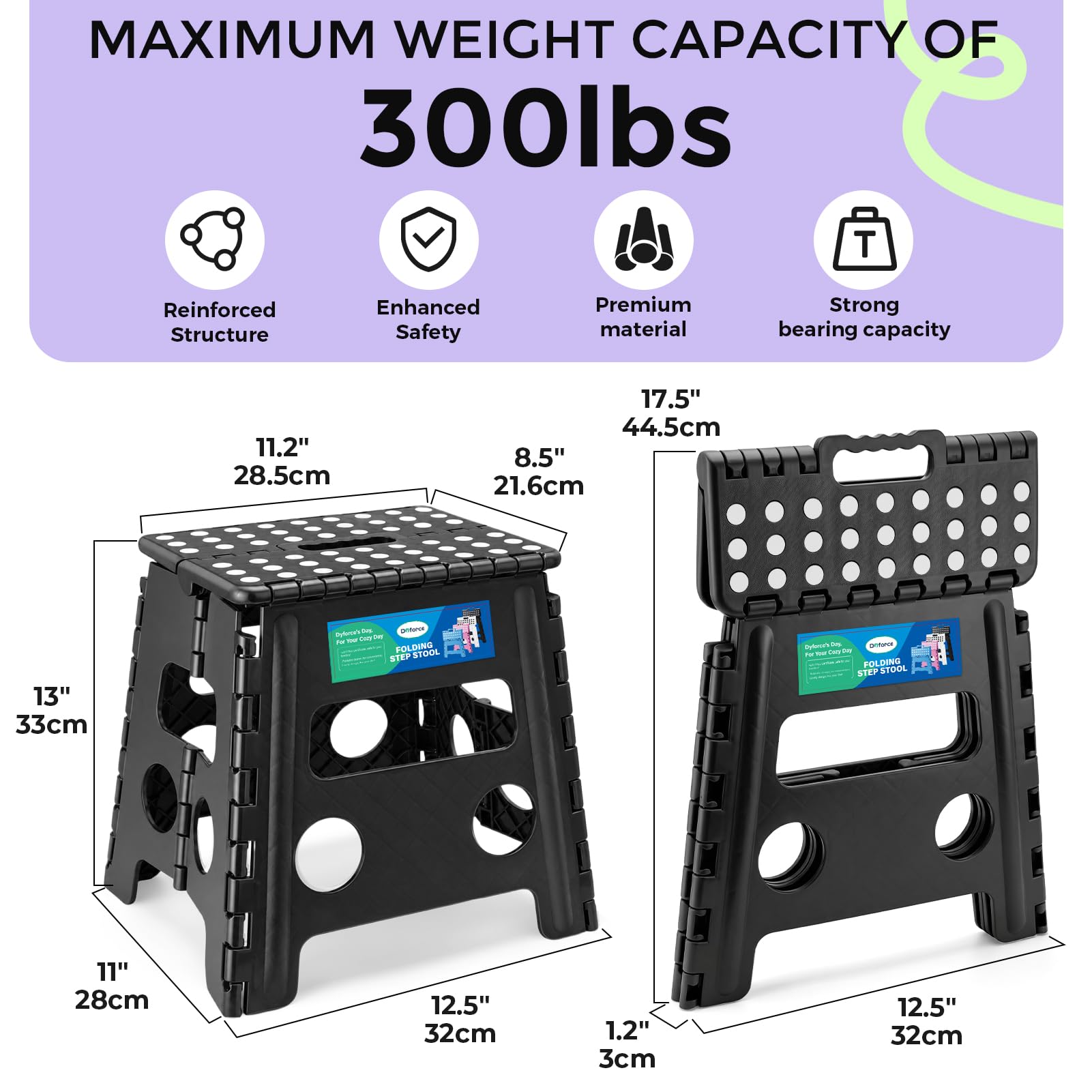 Dyforce Folding Step Stool 13 Inch,300lbs Foldable Stool for Adults & Kids, 13inch, Black