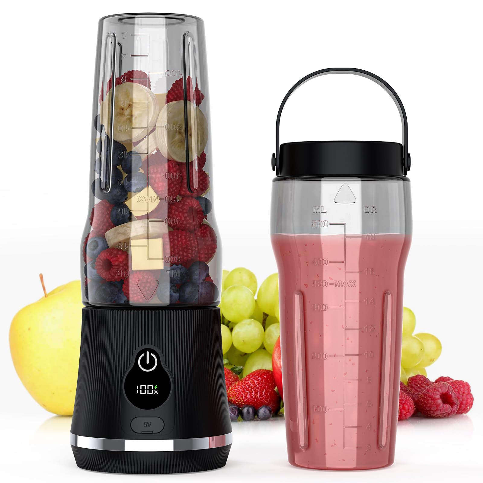 Portable Blender for Smoothies & Shakes, 17oz Personal Blender with 6 Stainless Steel Blades, USB-C Rechargeable, LED Display, Compact Travel Juicer with Extra Lid for Gym, Office & On-the-Go, Black