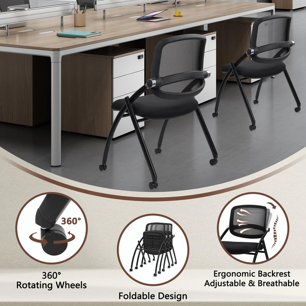 Clatina Stackable & Foldable Conference Chair with Wheels, Ergonomic Mesh Back,300lbs Capacity, Breathable Padded Seat, Armless Office Chair