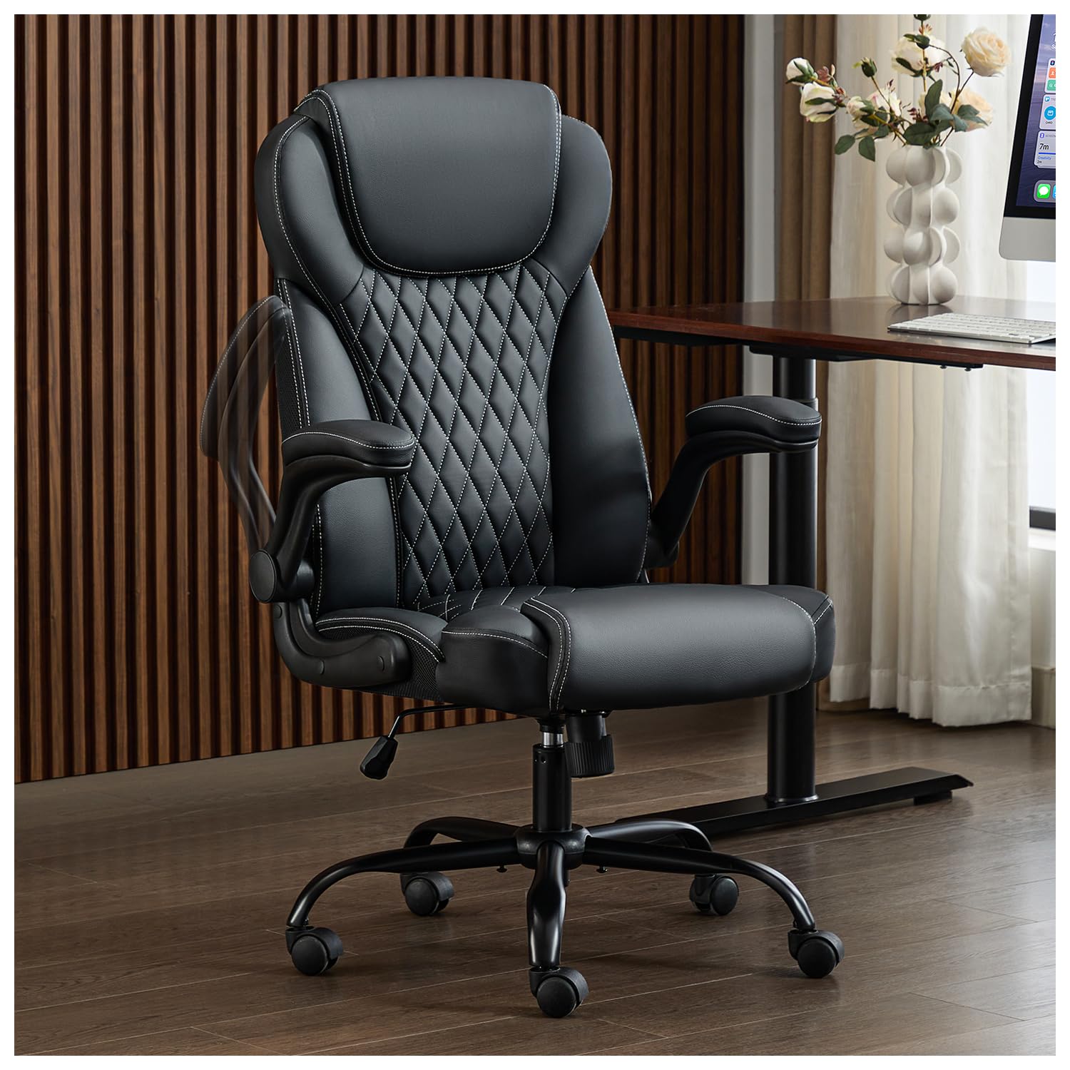 Amseatec Big and Tall Office Chair, Flip-up, Executive Desk Chair, Black, Oversized