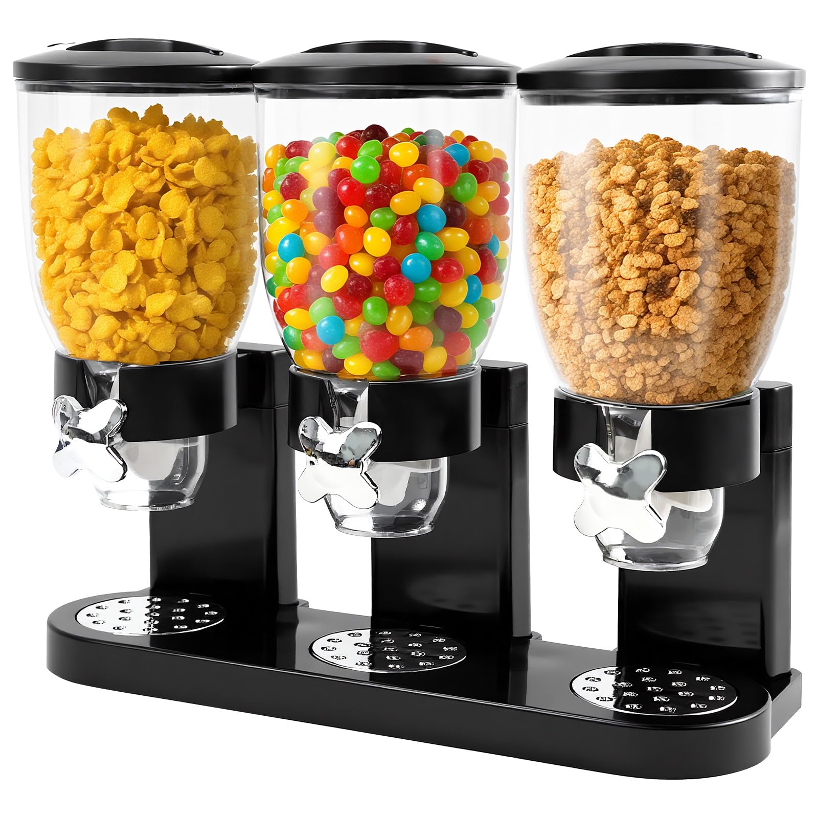 Triple Cereal Dispenser Countertop - 3 Pack 2L Large Cereal Containers Storage Airtight, Rotating Black Plastic Dry Food Dispenser for Cereal, Rice, Grains, Candy, Coffee Beans