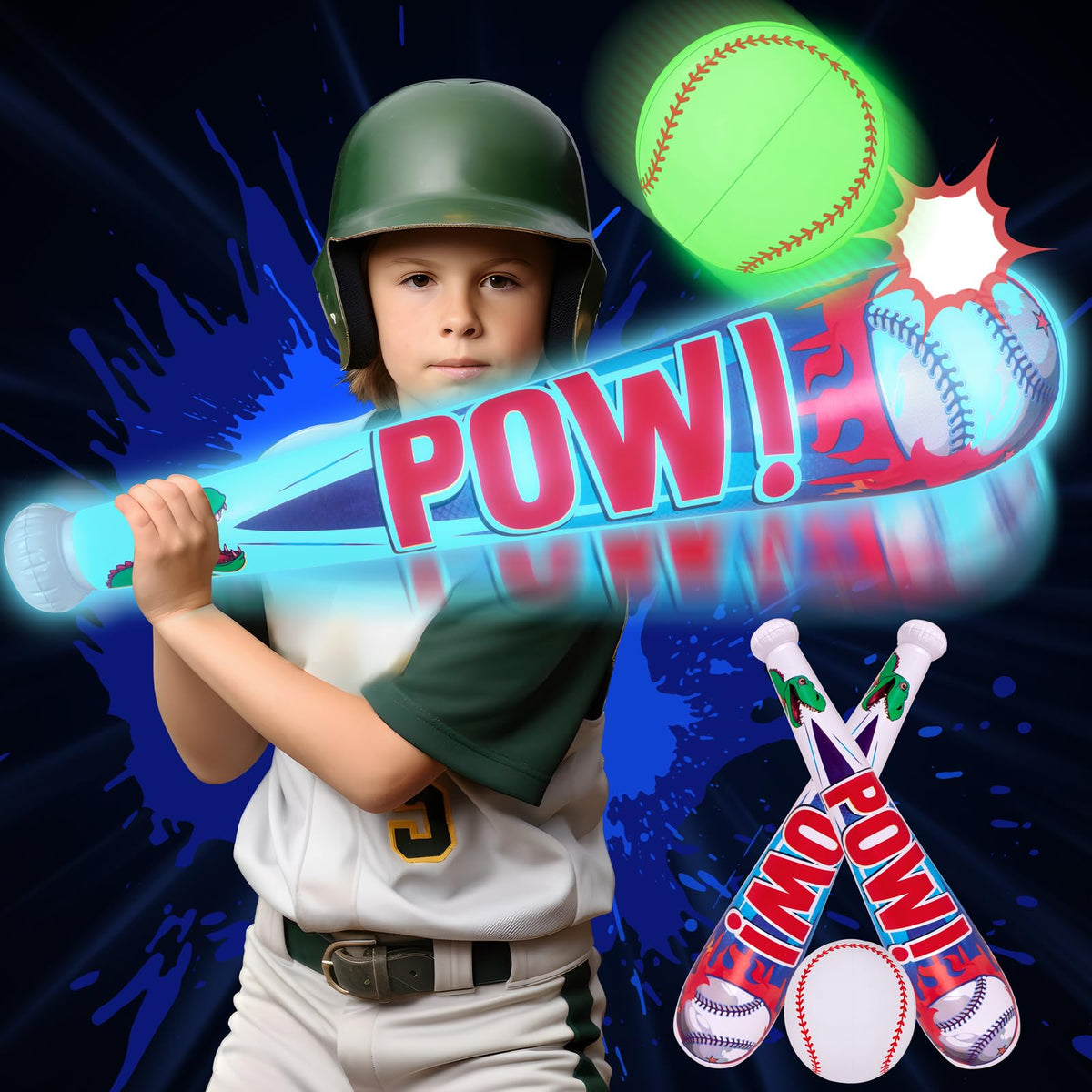 Geefuun Pool Toys Beach Games for Kids - Inflatable Baseball with LED Light-up Glow in the Dark Bat Party Outdoor, Boys Ages 8-12 Water