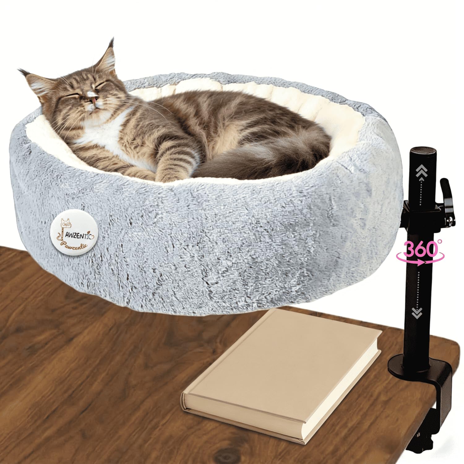 19" Extra Large Cat Desk Bed,One-Button Easy Lift & Rotate,Extra Thick Cushion,Reversible Two-Tone,Super Soft Plush Faux Fur Pet Bed,Machine Washable Bed,desk bed for large cats(Light Grey Duo)