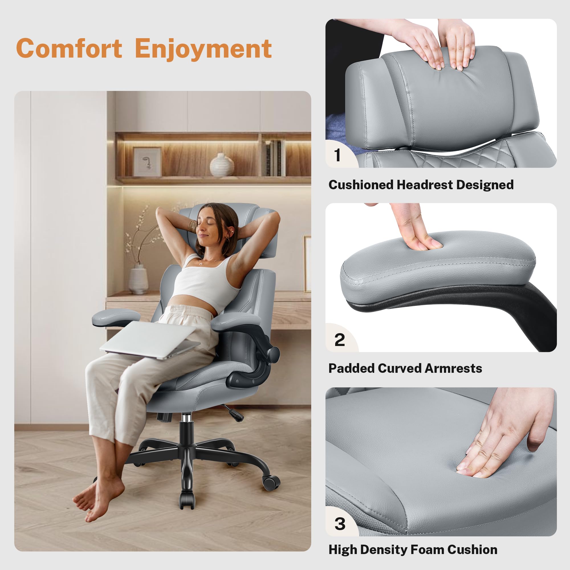 Office Chair Flip Up Arms, Executive Leather Office Chair Ergonomic Desk Chair with Lumbar Support, Adjustable Headrest, Computer Chair Home