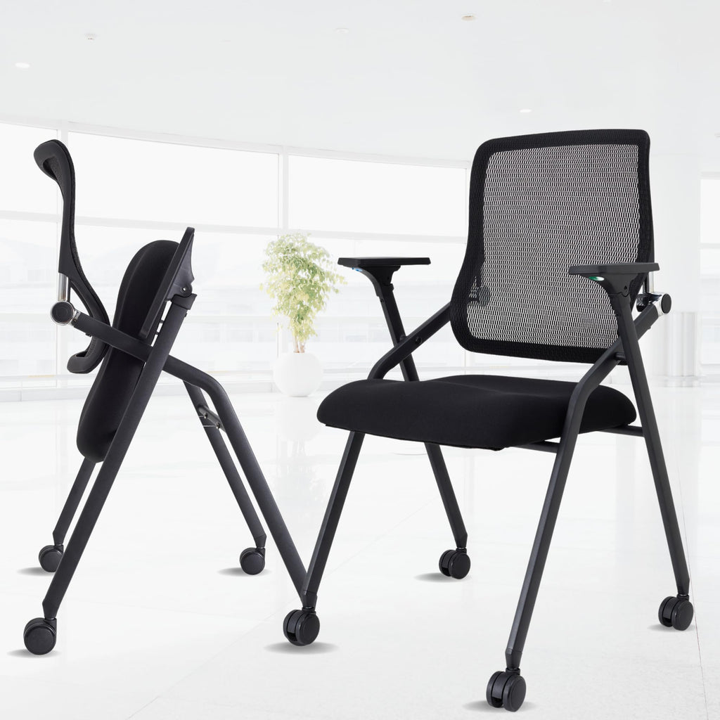 Brobriyo 2 Pack Stackable & Foldable Conference Room Chairs with Lumbar Support, Armrest - Ergonomic Mesh Bouncing Back for Office Meeting,
