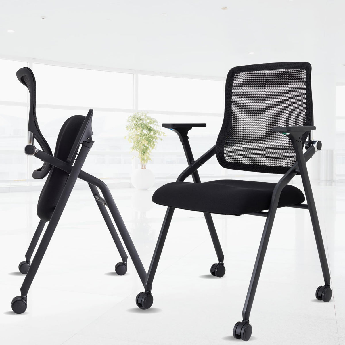 Brobriyo 2 Pack Stackable & Foldable Conference Room Chairs with Lumbar Support, Armrest - Ergonomic Mesh Bouncing Back for Office Meeting,