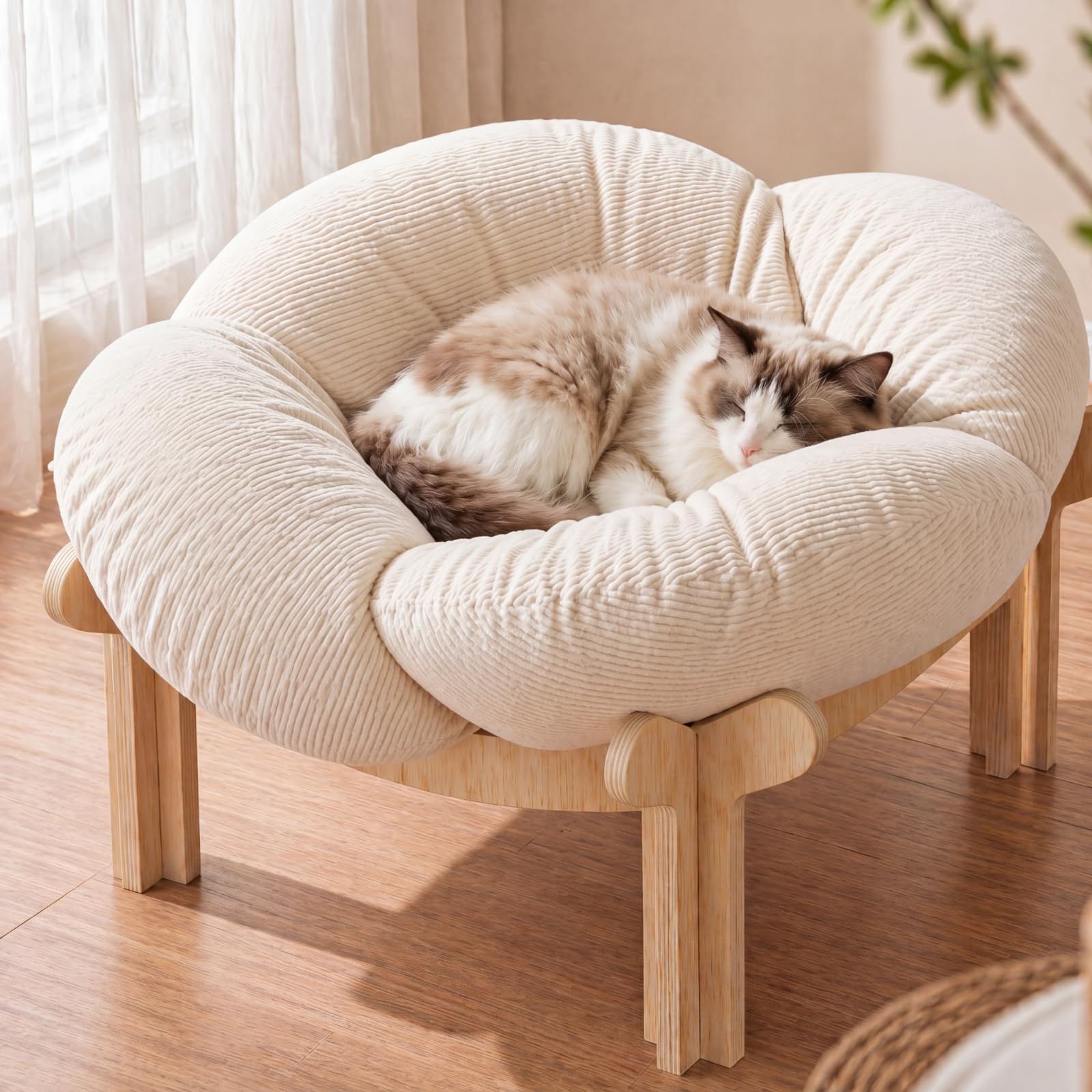 22x22x13 Inch Elevated Flower Cat Bed Wooden with Fluffy Cushion, Pet Couch Sofa for Indoor Cats, Raised Kitty Lounge Chair Suitable for Puppy, Cat Furniture Living Room Bedroom