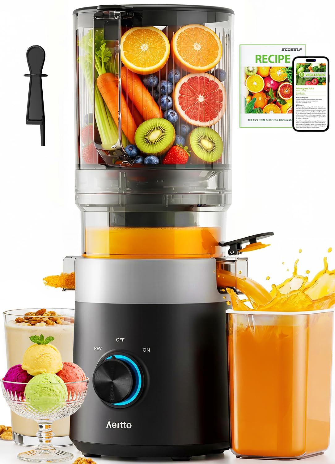 Aeitto 3-in-1 Cold Press Juicer, Makes Juice, Nut Milk & Sorbet, Filter-Free Easy Cleaning, 6.0" Wide Mouth Self-Feeding Hopper, Hands-Free Juicer Machines for Healthy Everyday Living, With Pusher