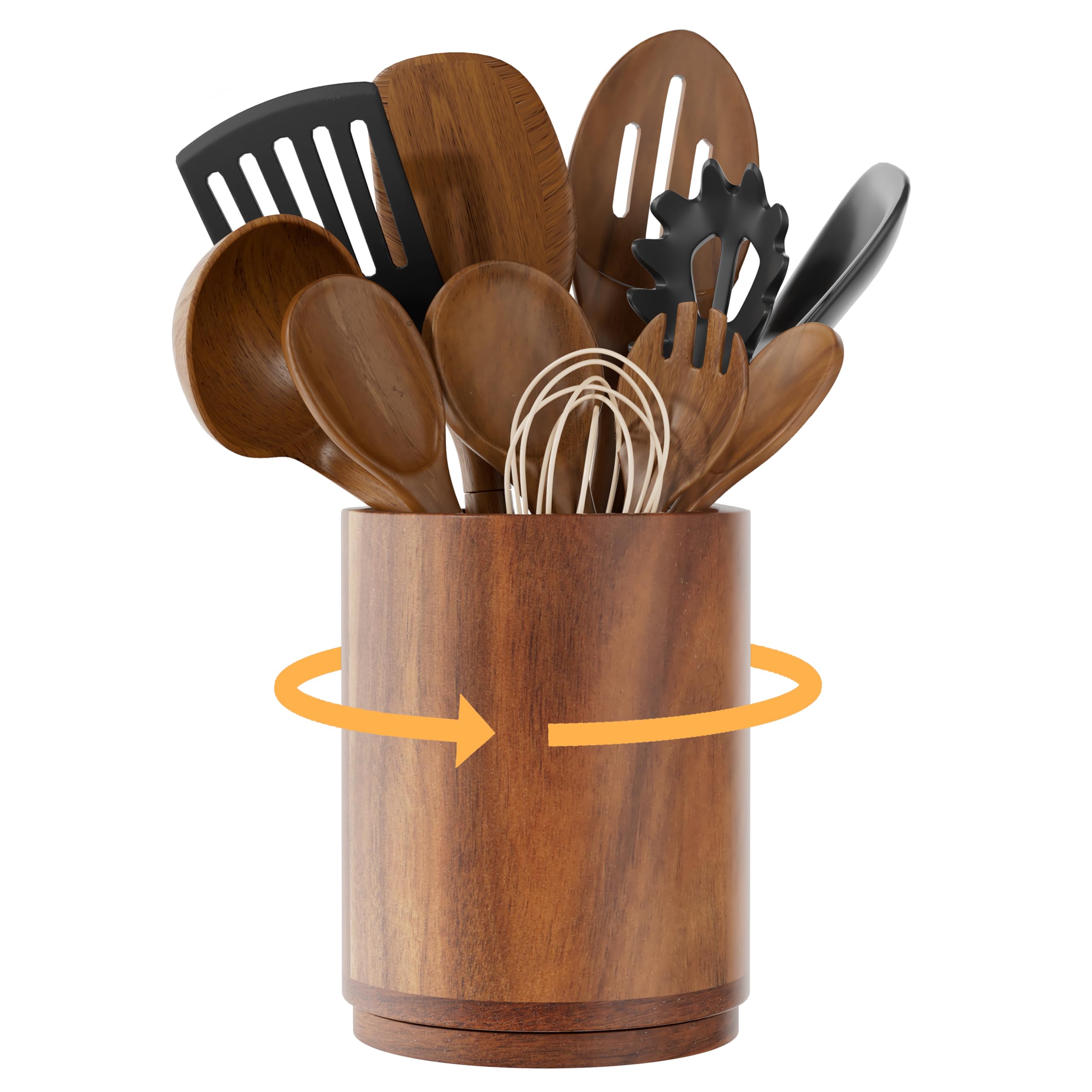 Utensil Holder, 360° Rotating Acacia Wood Kitchen Utensil Holder for Counter, 7.2" Large Cooking Utensil Crock for Countertop, Wooden Utensils Organizer for Cooking Spatula Storage
