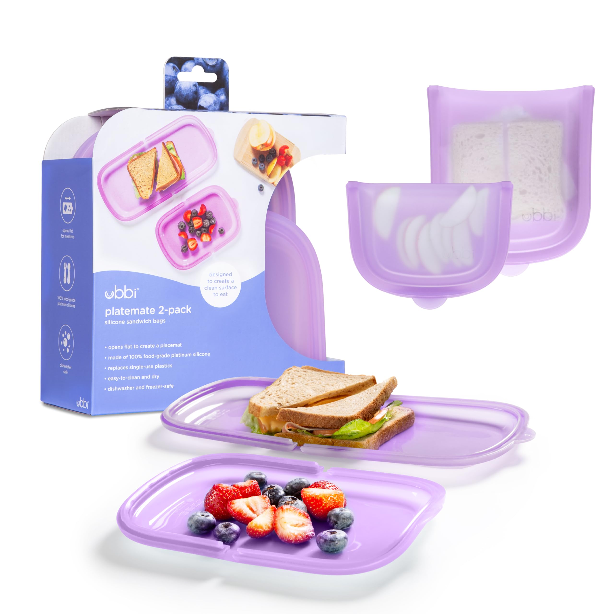 Ubbi Platemate Reusable Silicone Storage Bag, Opens Flat as Placemat, Dishwasher and Freezer-Safe, Lunch Container, Leakproof Sandwich & Snack Bag, Easy to Clean, BPA-Free, Smoothie Purple