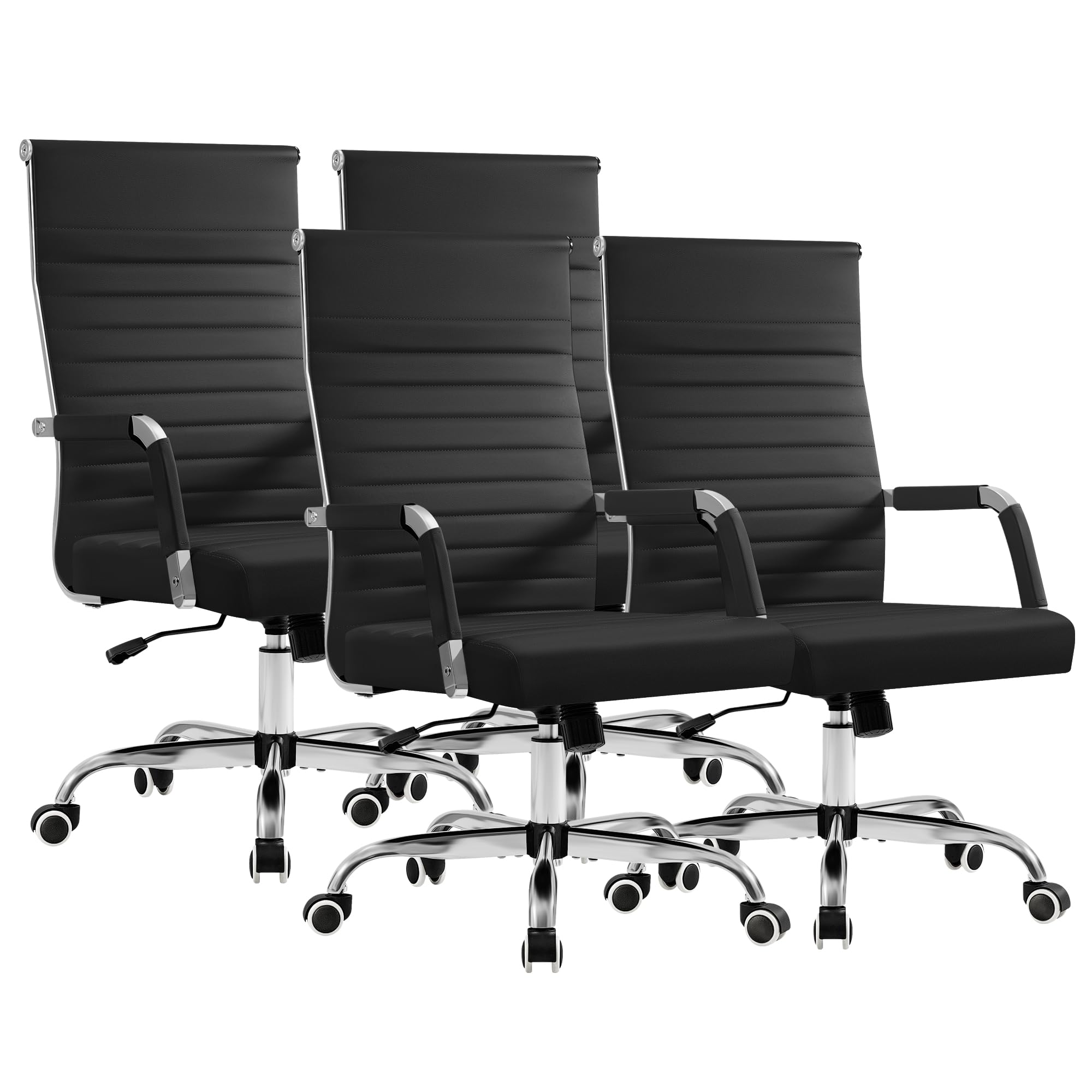 Furmax Ergonomic Office Desk Chair, Executive Ribbed Mid-back Pu Leather Conference Room Chair Adjustable Swivel Chair with Arms (4 Pcs, Black)